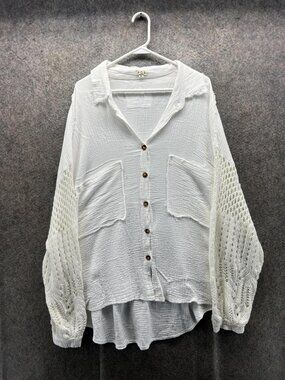 POL Tunic Blouse Womens Medium White Crochet Balloon Sleeve Button Front Top